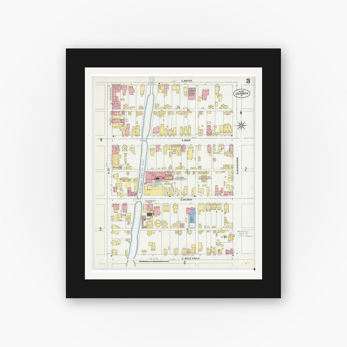 Old map wall art mockup — black gallery frame with white mat — Sanborn Fire Insurance Map from Lock Haven, Clinton County, Pennsylvania (1901), Sheet #0003