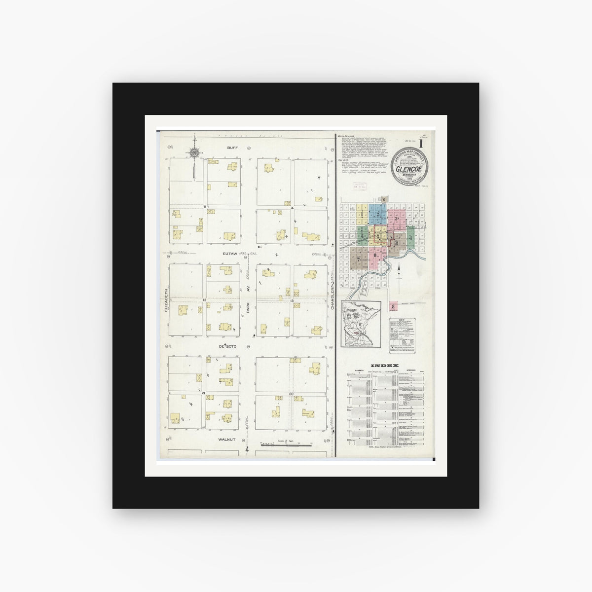 Old map wall art mockup — black gallery frame with white mat — Sanborn Fire Insurance Map from Glencoe, Mcleod County, Minnesota (1914) - Complete Map Set