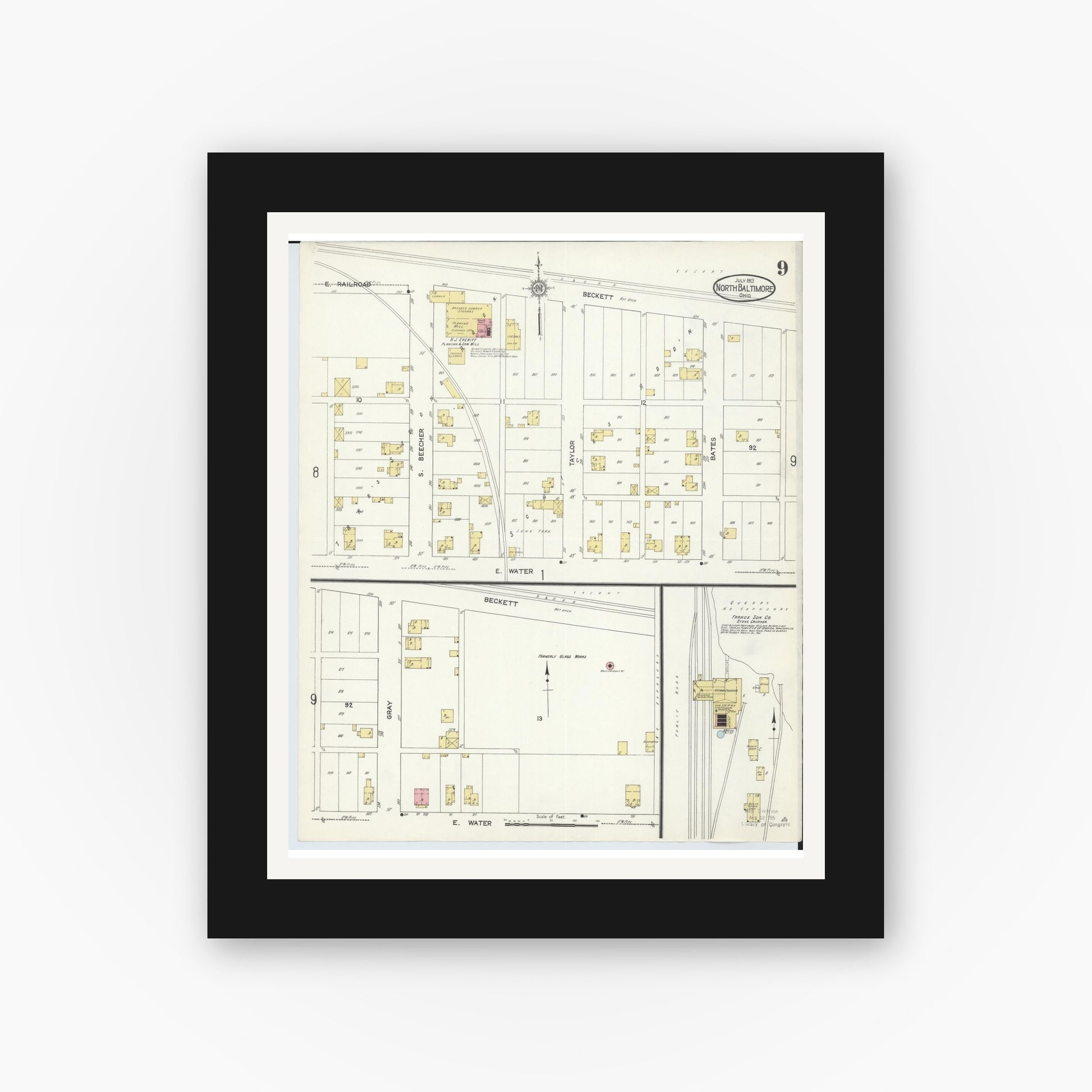 Old map wall art mockup — black gallery frame with white mat — Sanborn Fire Insurance Map from North Baltimore, Wood County, Ohio (1913), Sheet #0009