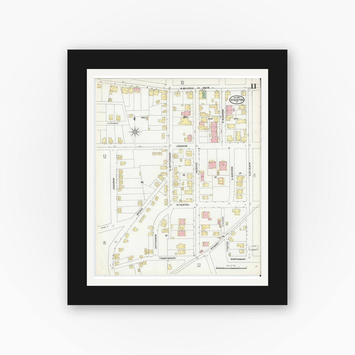 Old map wall art mockup — black gallery frame with white mat — Sanborn Fire Insurance Map from Staunton, Independent Cities, Virginia (1904), Sheet #0011