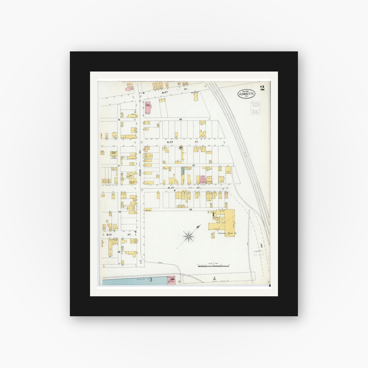 Old map wall art mockup — black gallery frame with white mat — Sanborn Fire Insurance Map from Jeannette, Westmoreland County, Pennsylvania (1900), Sheet #0002