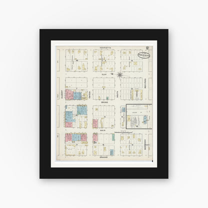 Old map wall art mockup — black gallery frame with white mat — Sanborn Fire Insurance Map from Henrietta, Clay County, Texas (1891), Sheet #0002