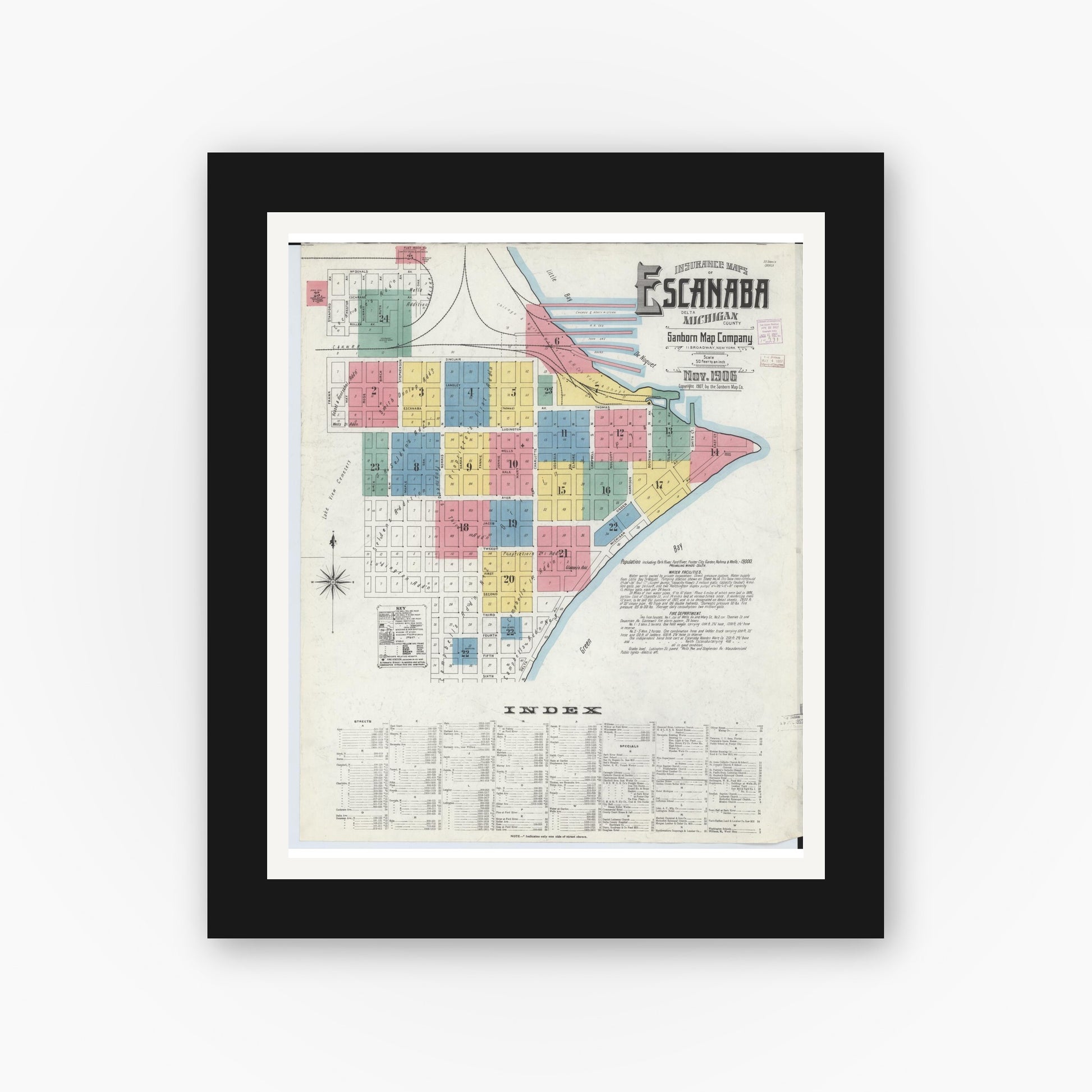 Old map wall art mockup — black gallery frame with white mat — Sanborn Fire Insurance Map from Escanaba, Delta County, Michigan (1906) - Complete Map Set