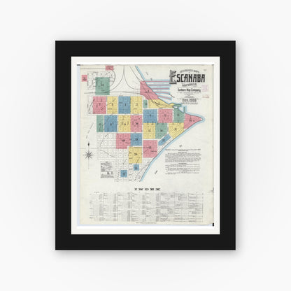 Old map wall art mockup — black gallery frame with white mat — Sanborn Fire Insurance Map from Escanaba, Delta County, Michigan (1906) - Complete Map Set