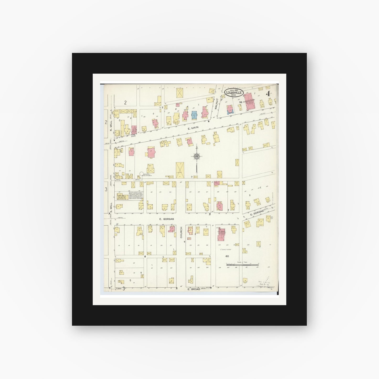 Old map wall art mockup — black gallery frame with white mat — Sanborn Fire Insurance Map from Louisville, Stark County, Ohio (1915), Sheet #0004