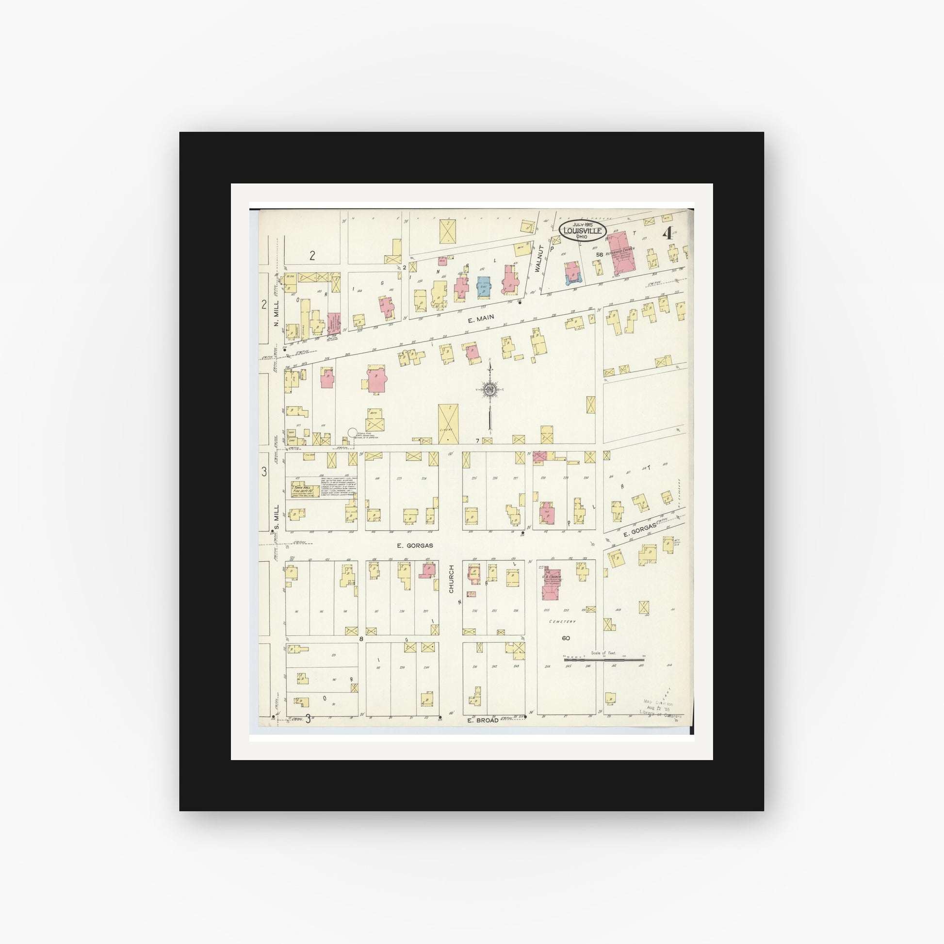 Old map wall art mockup — black gallery frame with white mat — Sanborn Fire Insurance Map from Louisville, Stark County, Ohio (1915), Sheet #0004