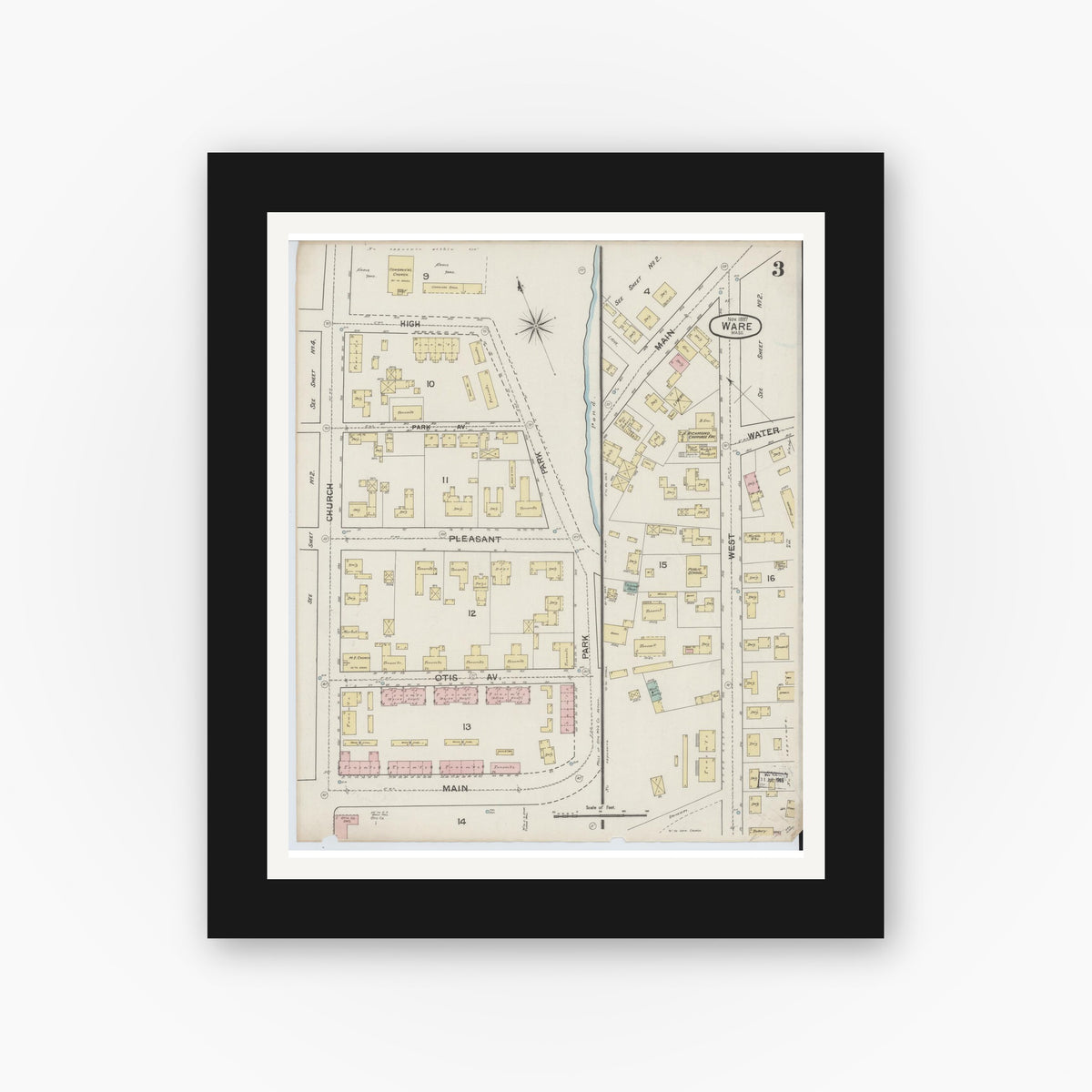 Old map wall art mockup — black gallery frame with white mat — Sanborn Fire Insurance Map from Ware, Hampshire County, Massachusetts (1887), Sheet #0003