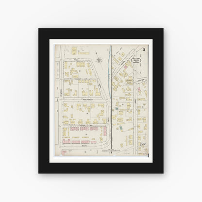 Old map wall art mockup — black gallery frame with white mat — Sanborn Fire Insurance Map from Ware, Hampshire County, Massachusetts (1887), Sheet #0003