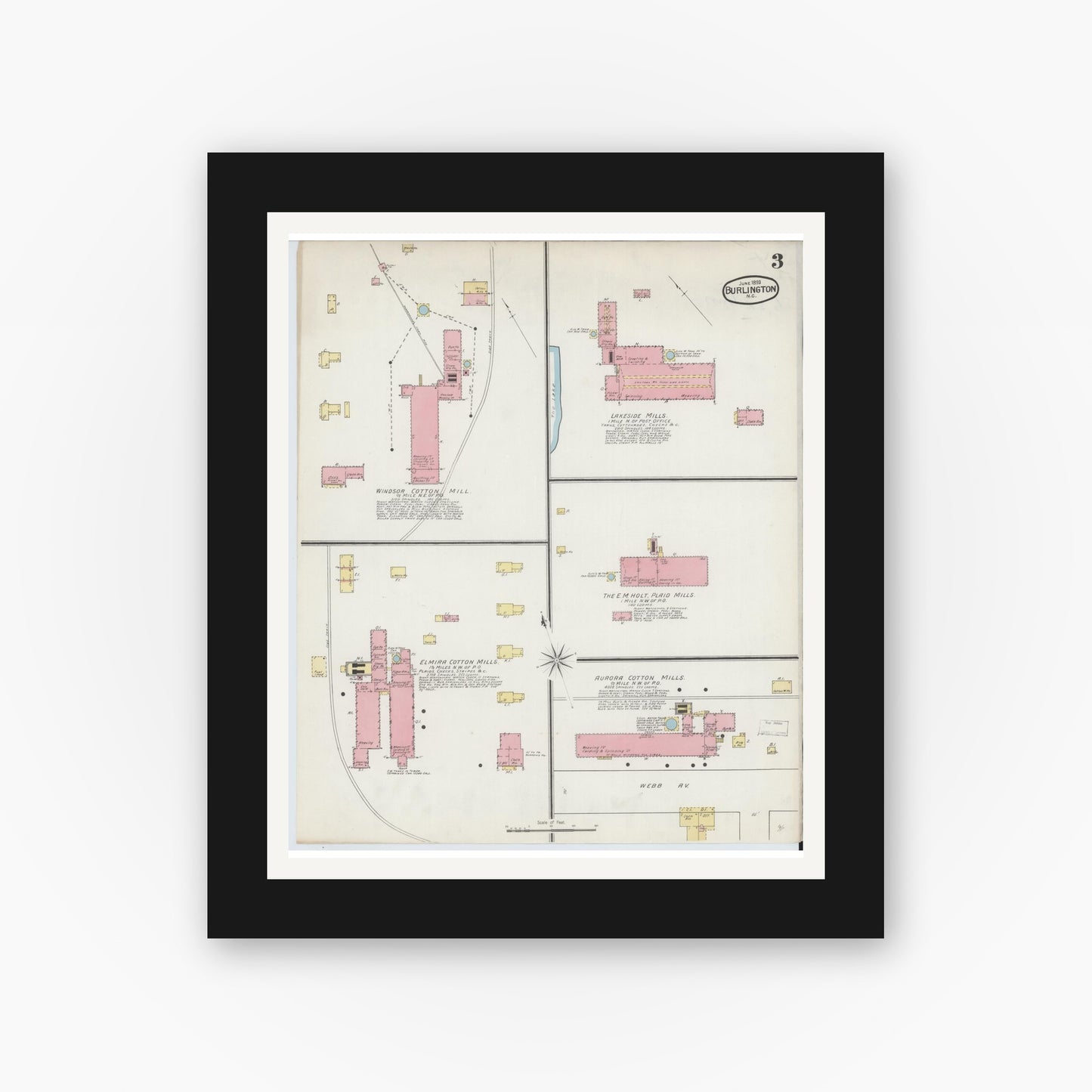 Old map wall art mockup — black gallery frame with white mat — Sanborn Fire Insurance Map from Burlington, Alamance County, North Carolina (1893), Sheet #0003