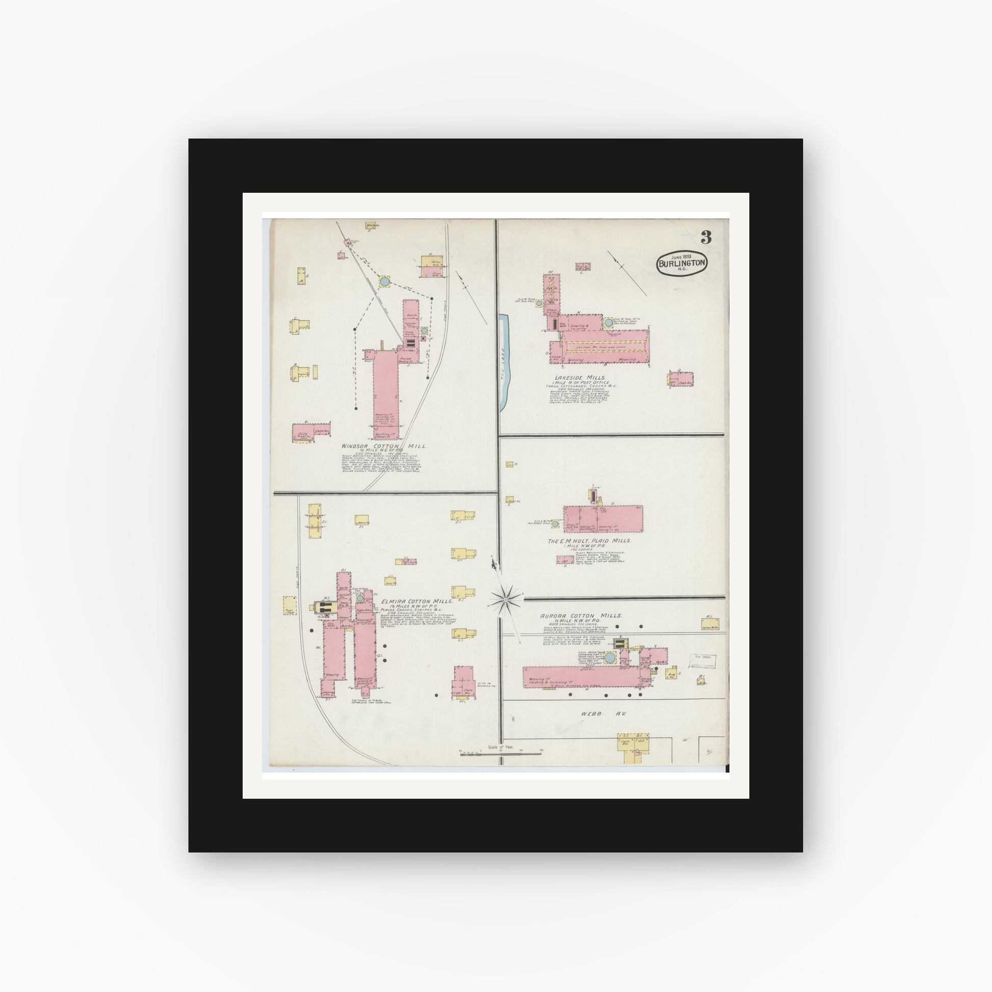 Old map wall art mockup — black gallery frame with white mat — Sanborn Fire Insurance Map from Burlington, Alamance County, North Carolina (1893), Sheet #0003