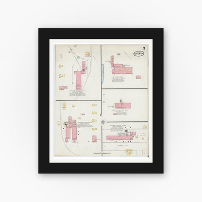 Old map wall art mockup — black gallery frame with white mat — Sanborn Fire Insurance Map from Burlington, Alamance County, North Carolina (1893), Sheet #0003