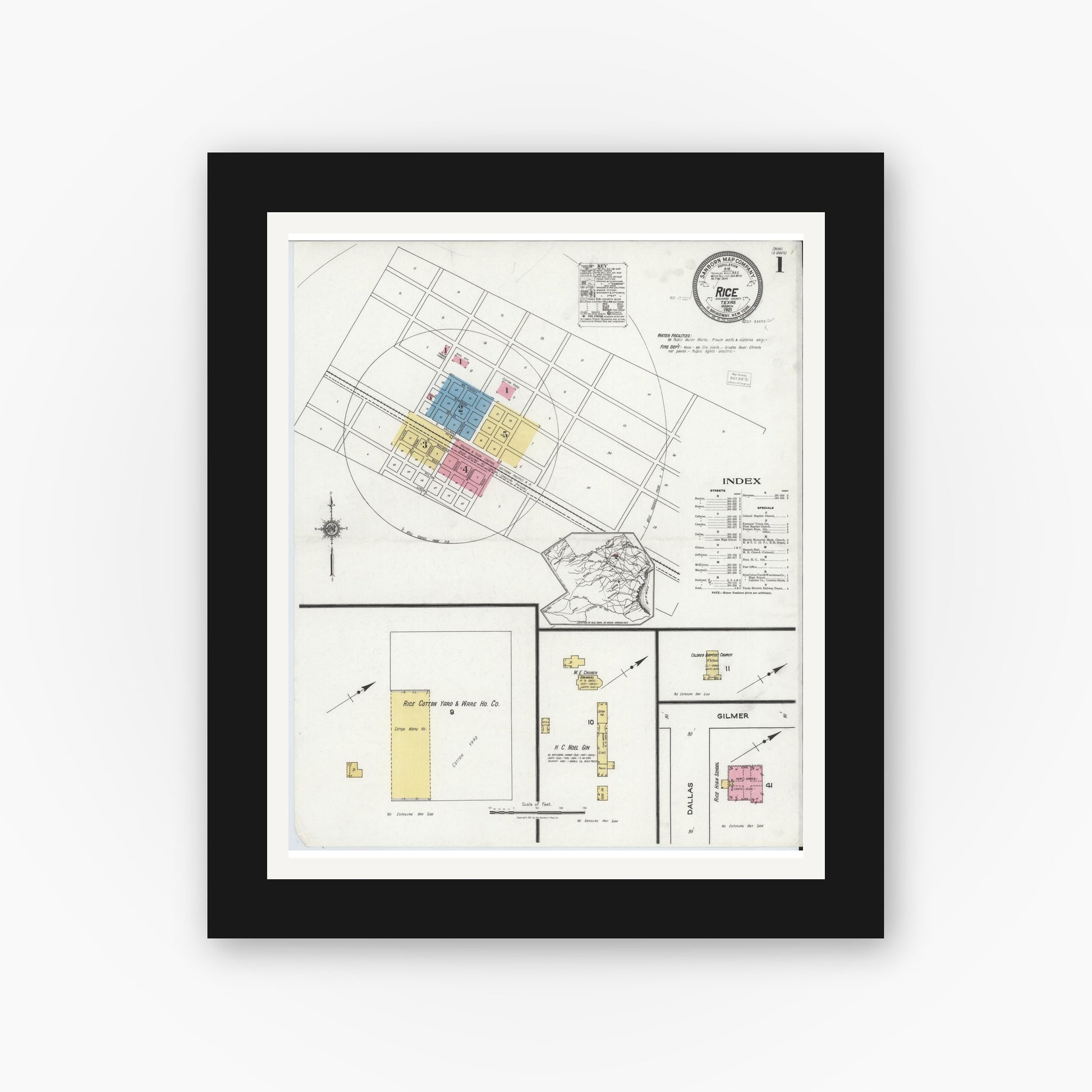 Old map wall art mockup — black gallery frame with white mat — Sanborn Fire Insurance Map from Rice, Navarro County, Texas (1921) - Complete Map Set