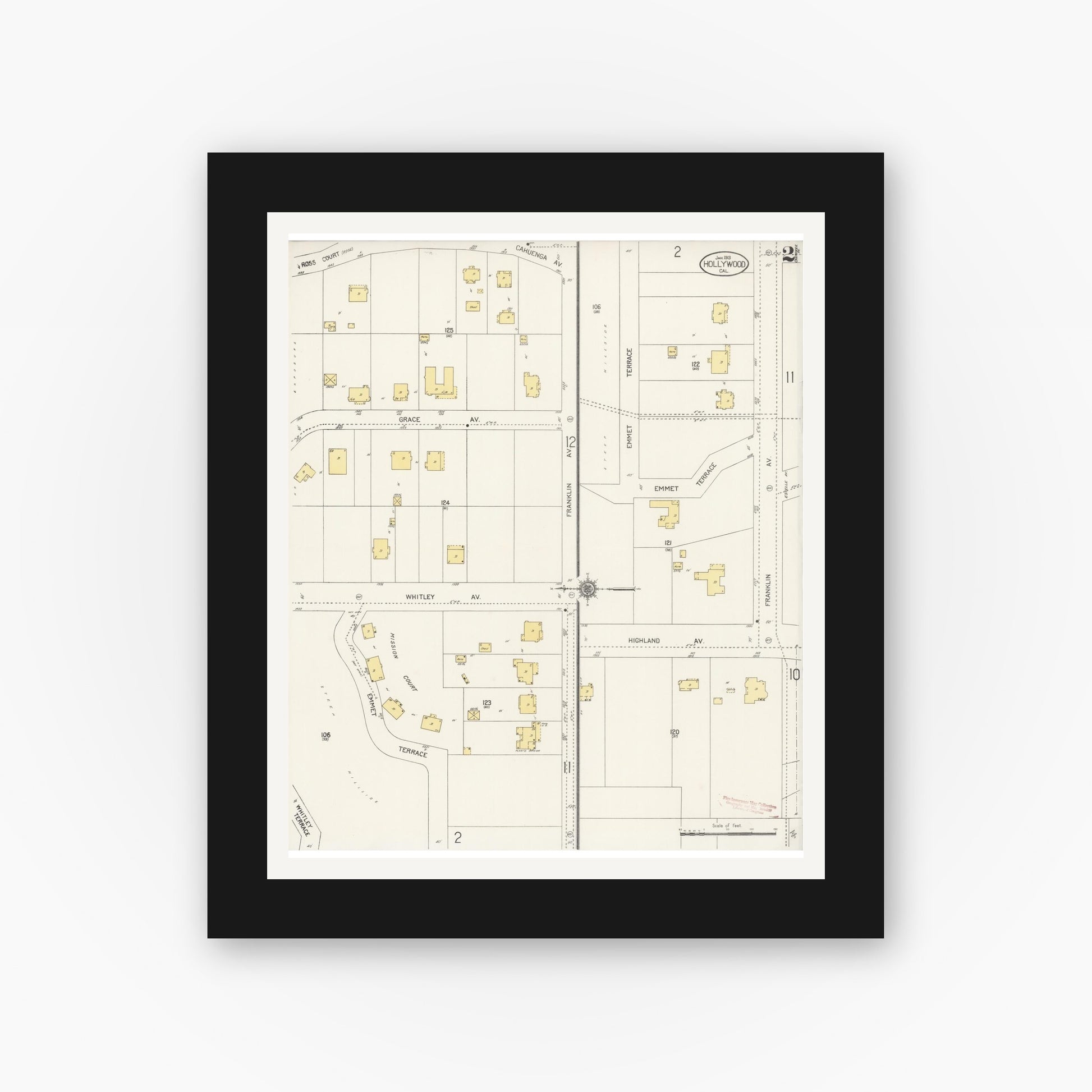 Old map wall art mockup — black gallery frame with white mat — Sanborn Fire Insurance Map from Hollywood, Los Angeles County, California (1913), Sheet #0002