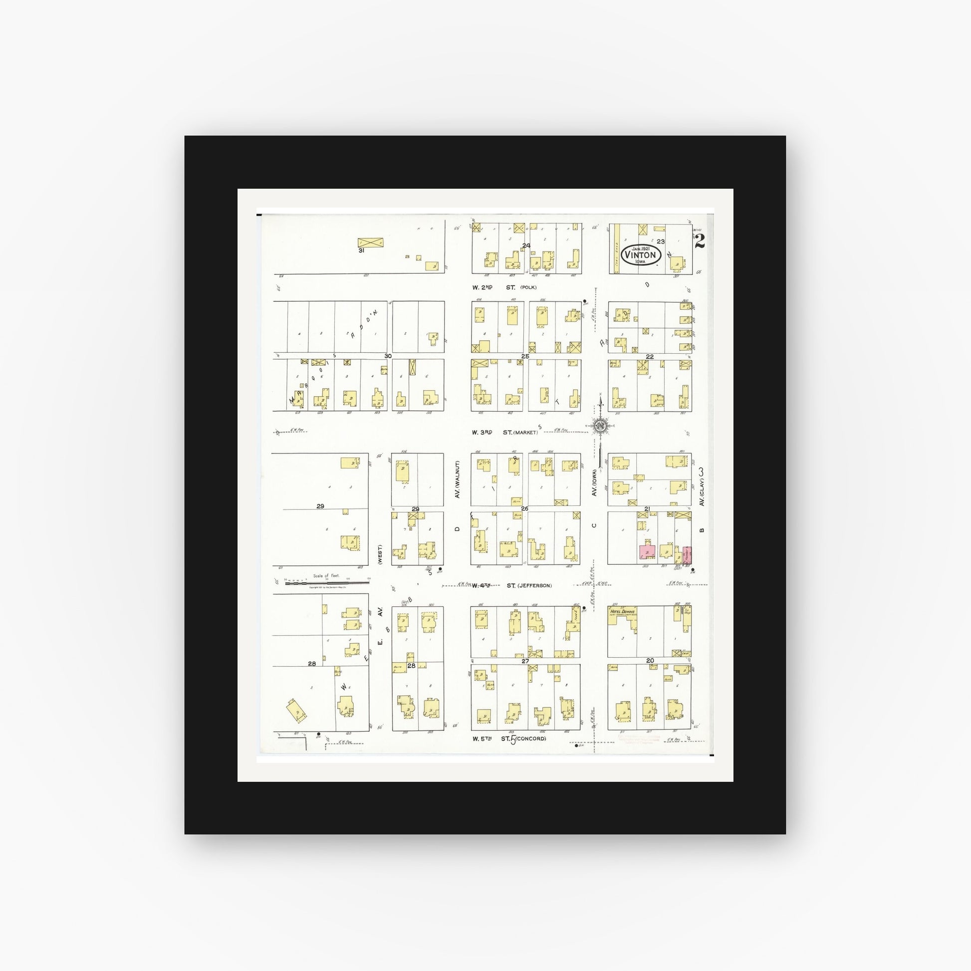 Old map wall art mockup — black gallery frame with white mat — Sanborn Fire Insurance Map from Vinton, Benton County, Iowa (1921), Sheet #0002
