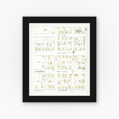 Old map wall art mockup — black gallery frame with white mat — Sanborn Fire Insurance Map from Vinton, Benton County, Iowa (1921), Sheet #0002