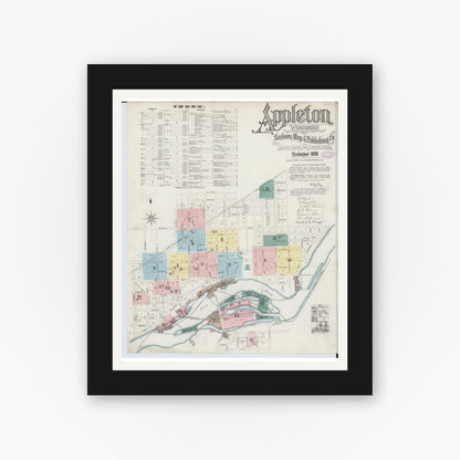 Old map wall art mockup — black gallery frame with white mat — Sanborn Fire Insurance Map from Appleton, Outagamie County, Wisconsin (1886) - Complete Map Set