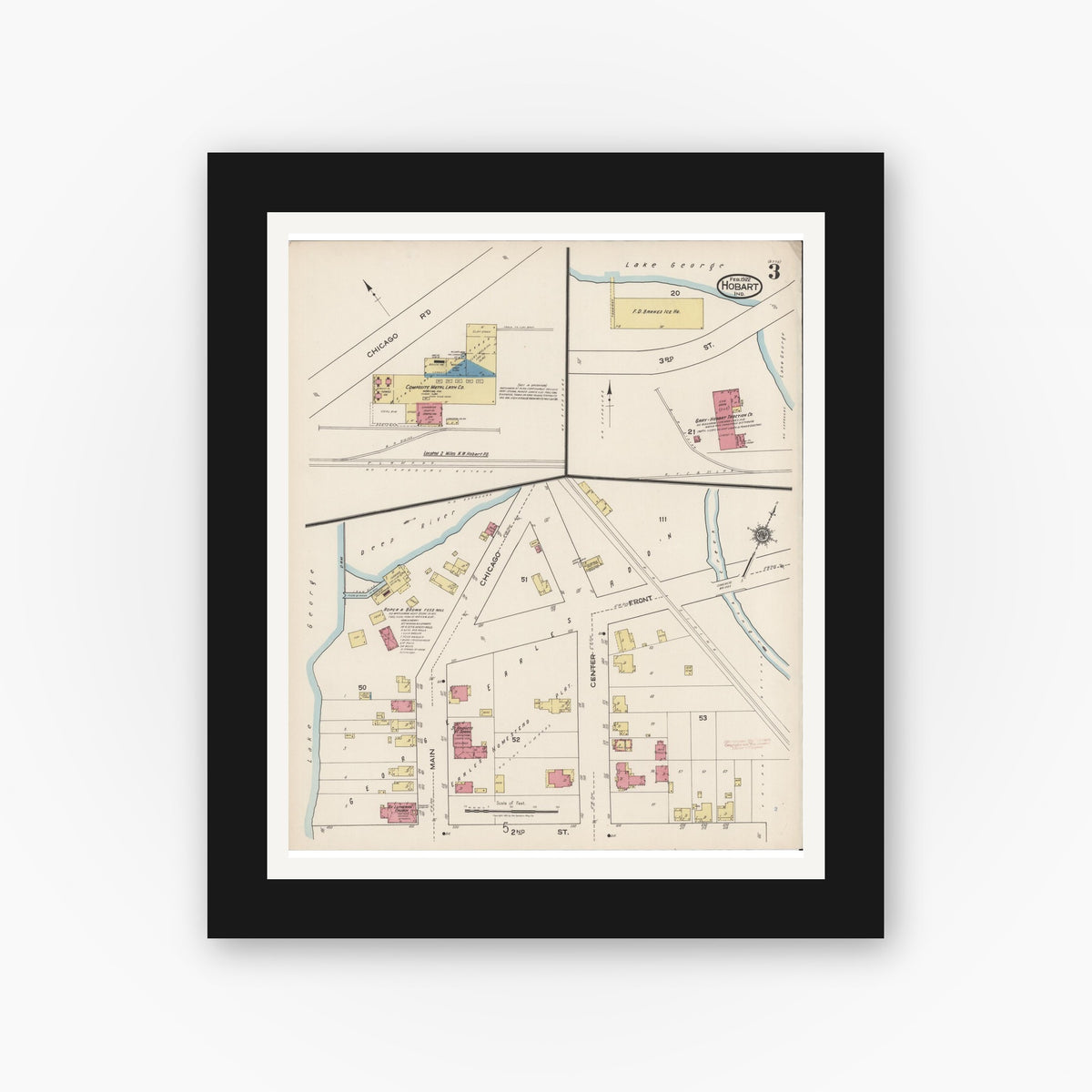 Old map wall art mockup — black gallery frame with white mat — Sanborn Fire Insurance Map from Hobart, Lake County, Indiana (1922), Sheet #0003