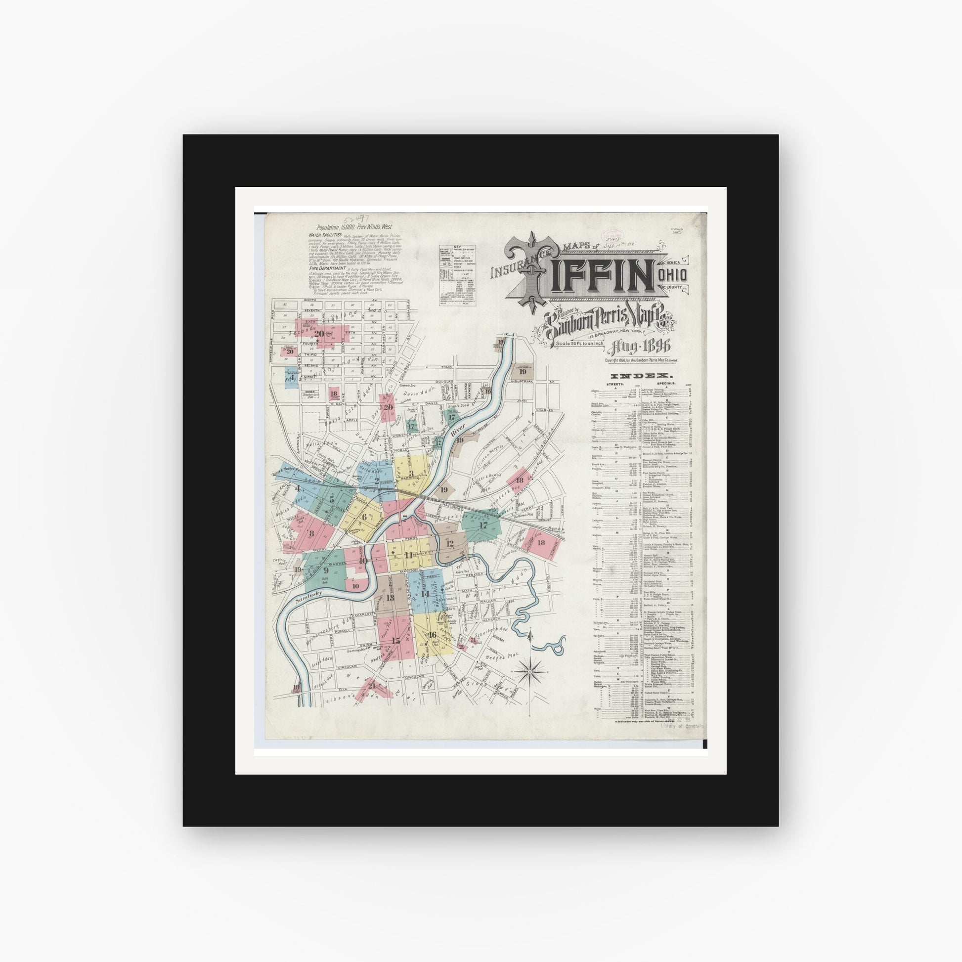 Old map wall art mockup — black gallery frame with white mat — Sanborn Fire Insurance Map from Tiffin, Seneca County, Ohio (1896) - Complete Map Set