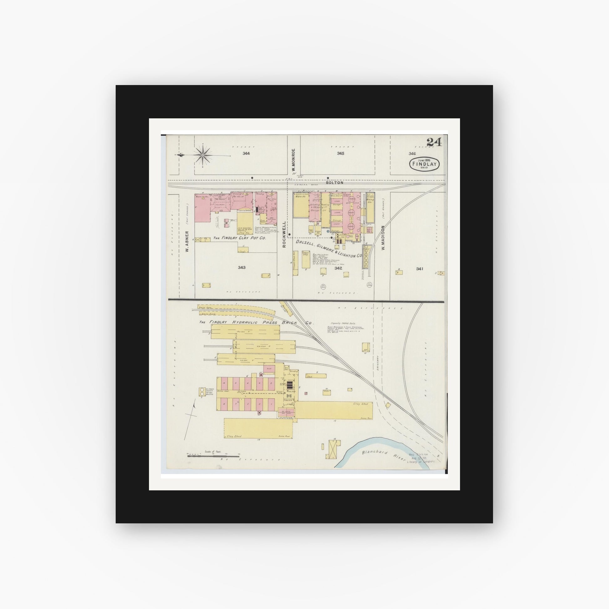 Old map wall art mockup — black gallery frame with white mat — Sanborn Fire Insurance Map from Findlay, Hancock County, Ohio (1895), Sheet #0024