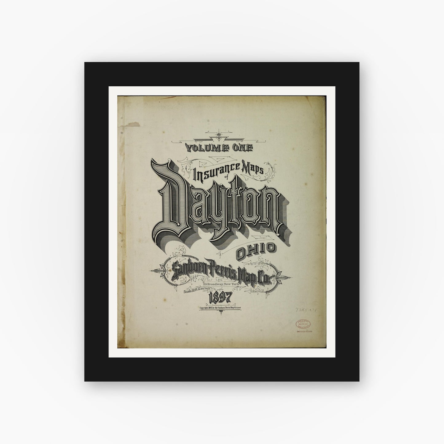 Old map wall art mockup — black gallery frame with white mat — Sanborn Fire Insurance Map from Dayton, Montgomery County, Ohio (1897), Sheet #0001