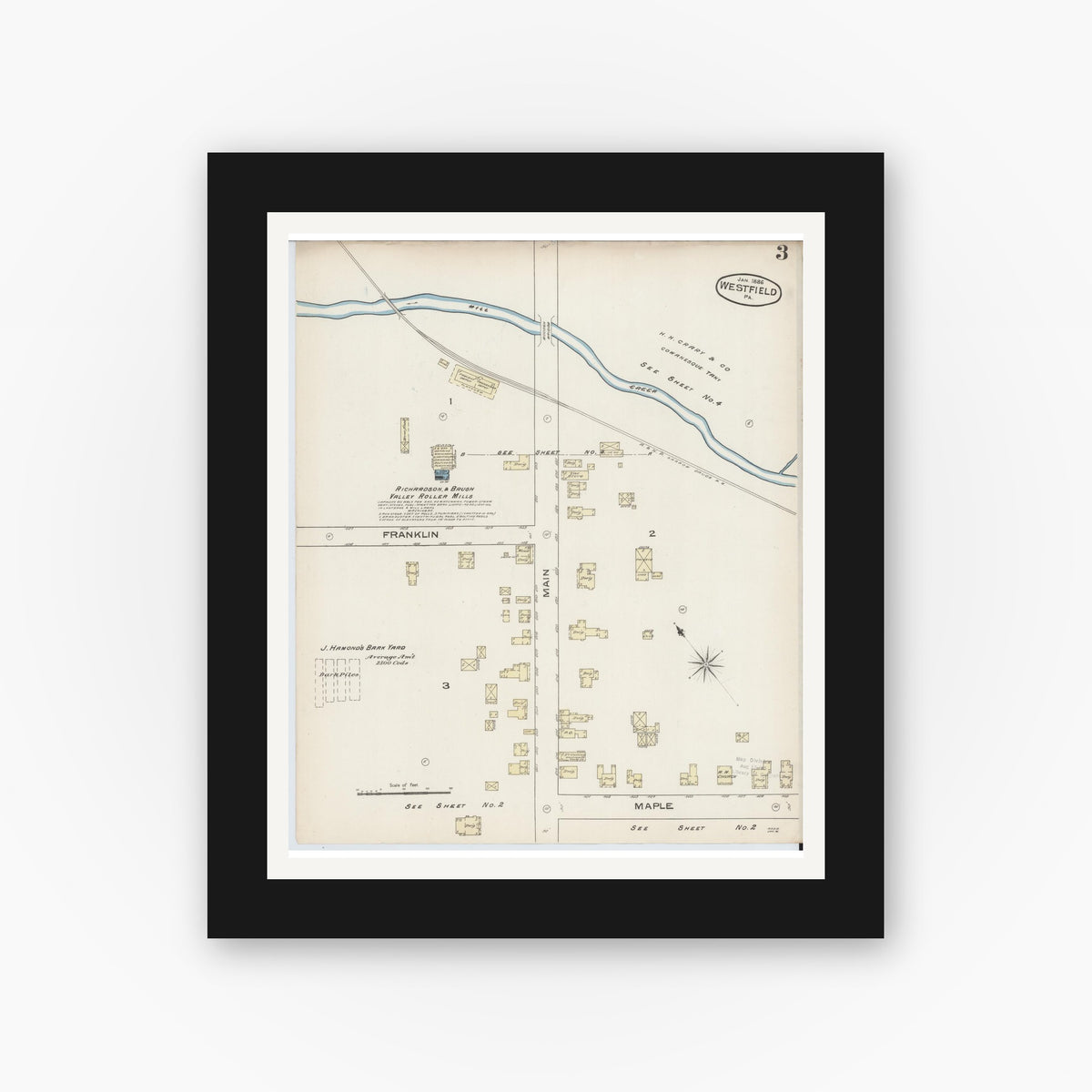 Old map wall art mockup — black gallery frame with white mat — Sanborn Fire Insurance Map from Westfield, Tioga County, Pennsylvania (1886), Sheet #0003