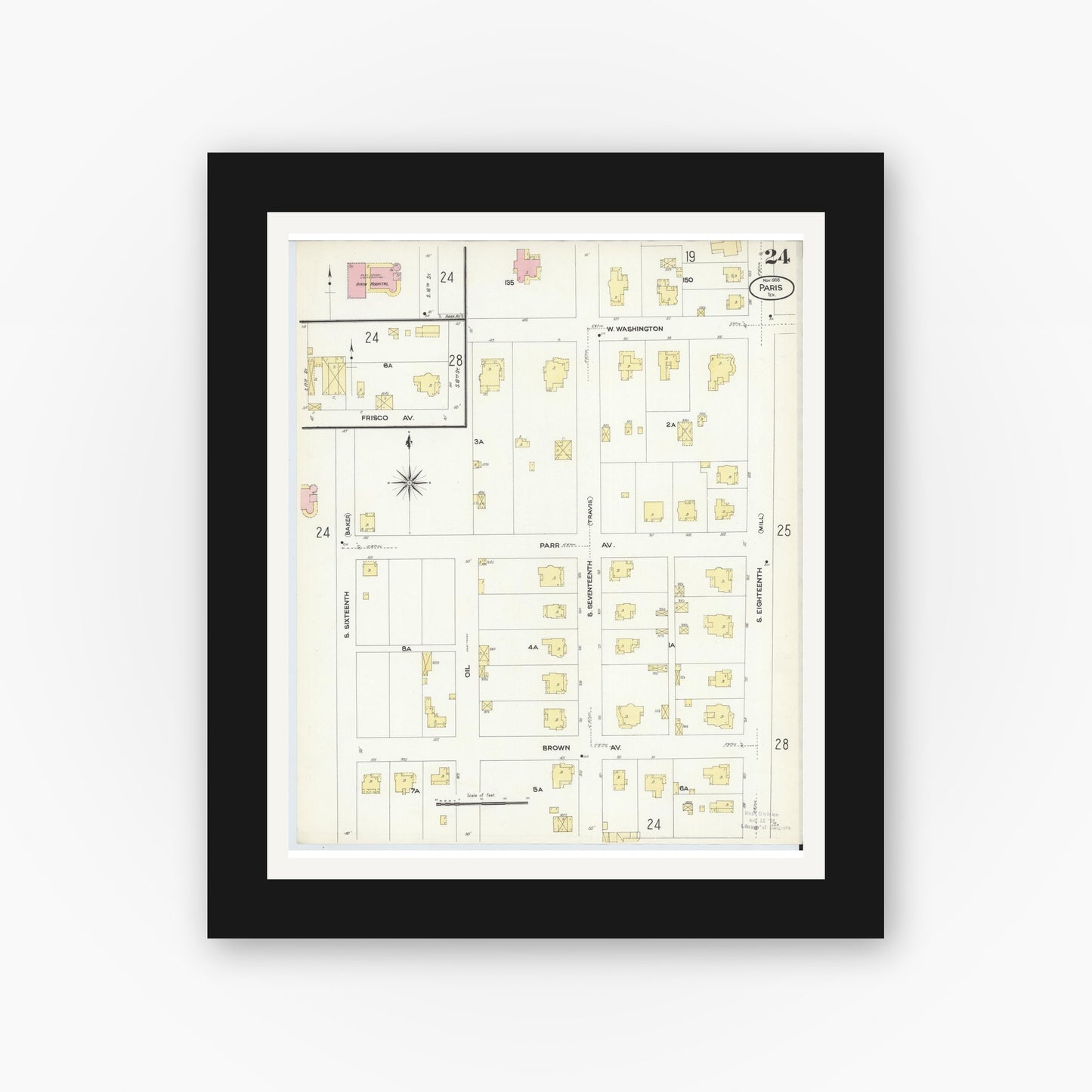 Old map wall art mockup — black gallery frame with white mat — Sanborn Fire Insurance Map from Paris, Lamar County, Texas (1908), Sheet #0024