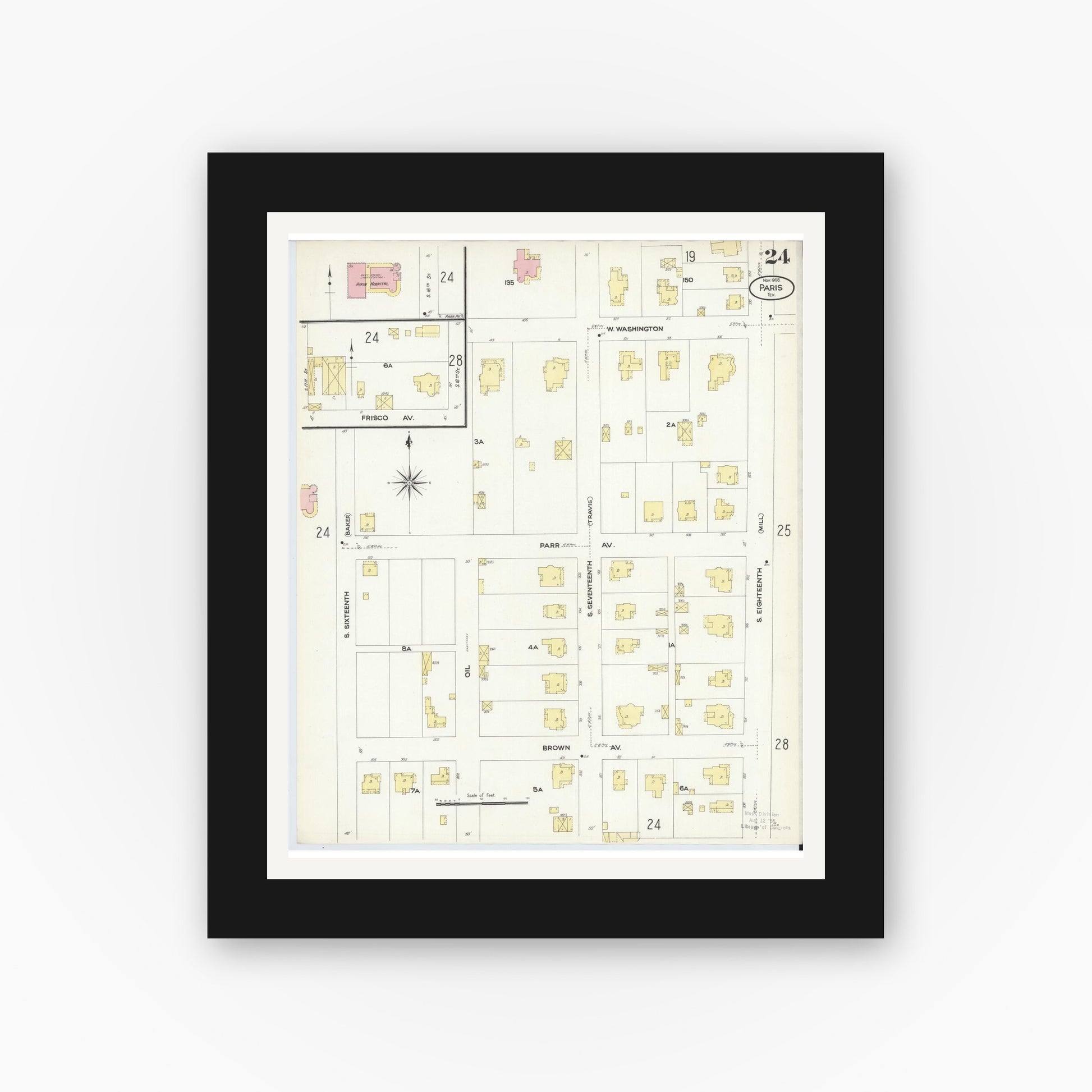 Old map wall art mockup — black gallery frame with white mat — Sanborn Fire Insurance Map from Paris, Lamar County, Texas (1908), Sheet #0024