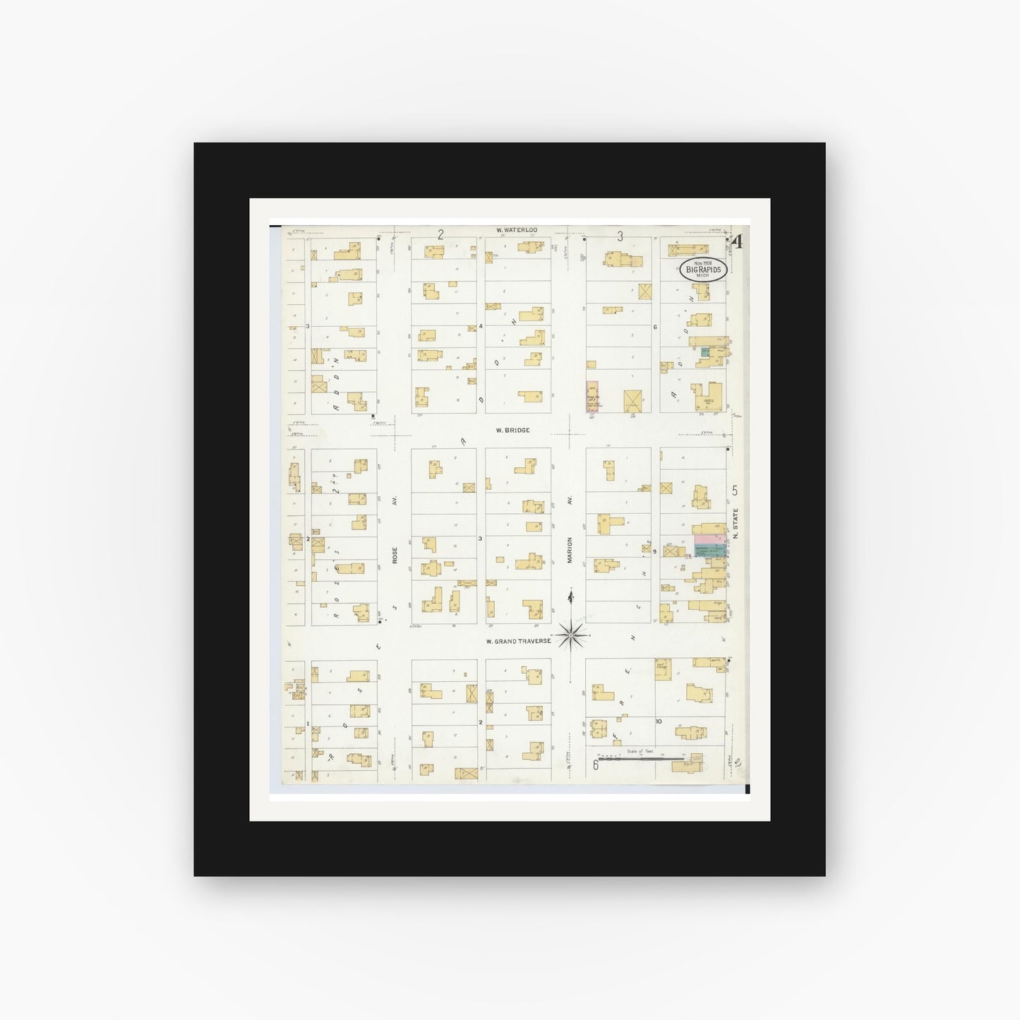 Old map wall art mockup — black gallery frame with white mat — Sanborn Fire Insurance Map from Big Rapids, Mecosta County, Michigan (1908), Sheet #0004