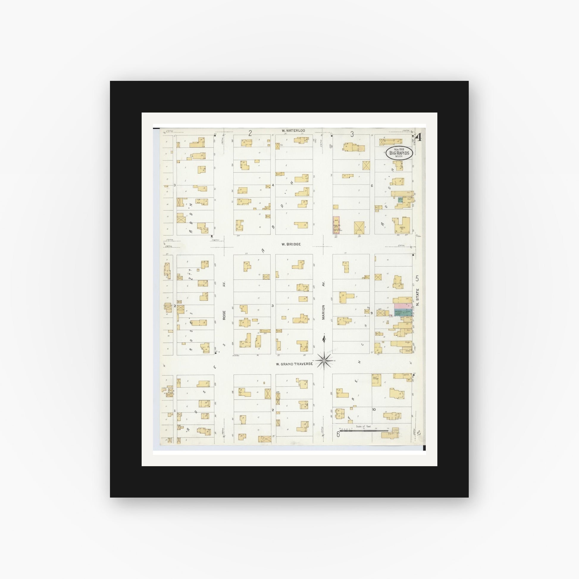 Old map wall art mockup — black gallery frame with white mat — Sanborn Fire Insurance Map from Big Rapids, Mecosta County, Michigan (1908), Sheet #0004