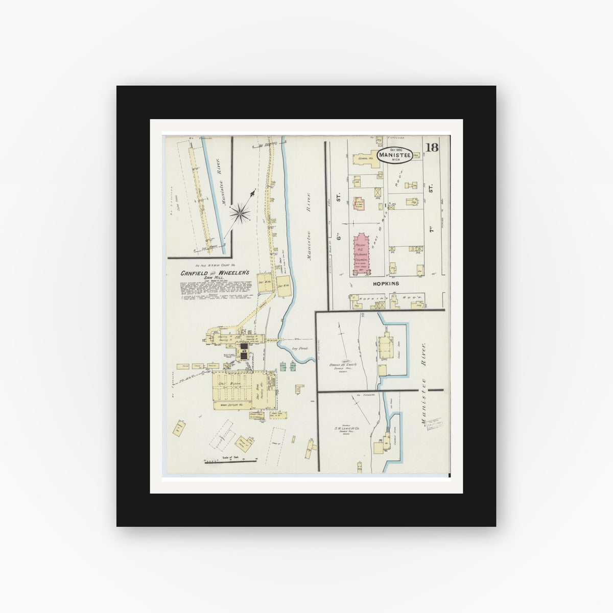 Old map wall art mockup — black gallery frame with white mat — Sanborn Fire Insurance Map from Manistee, Manistee County, Michigan (1890), Sheet #0018