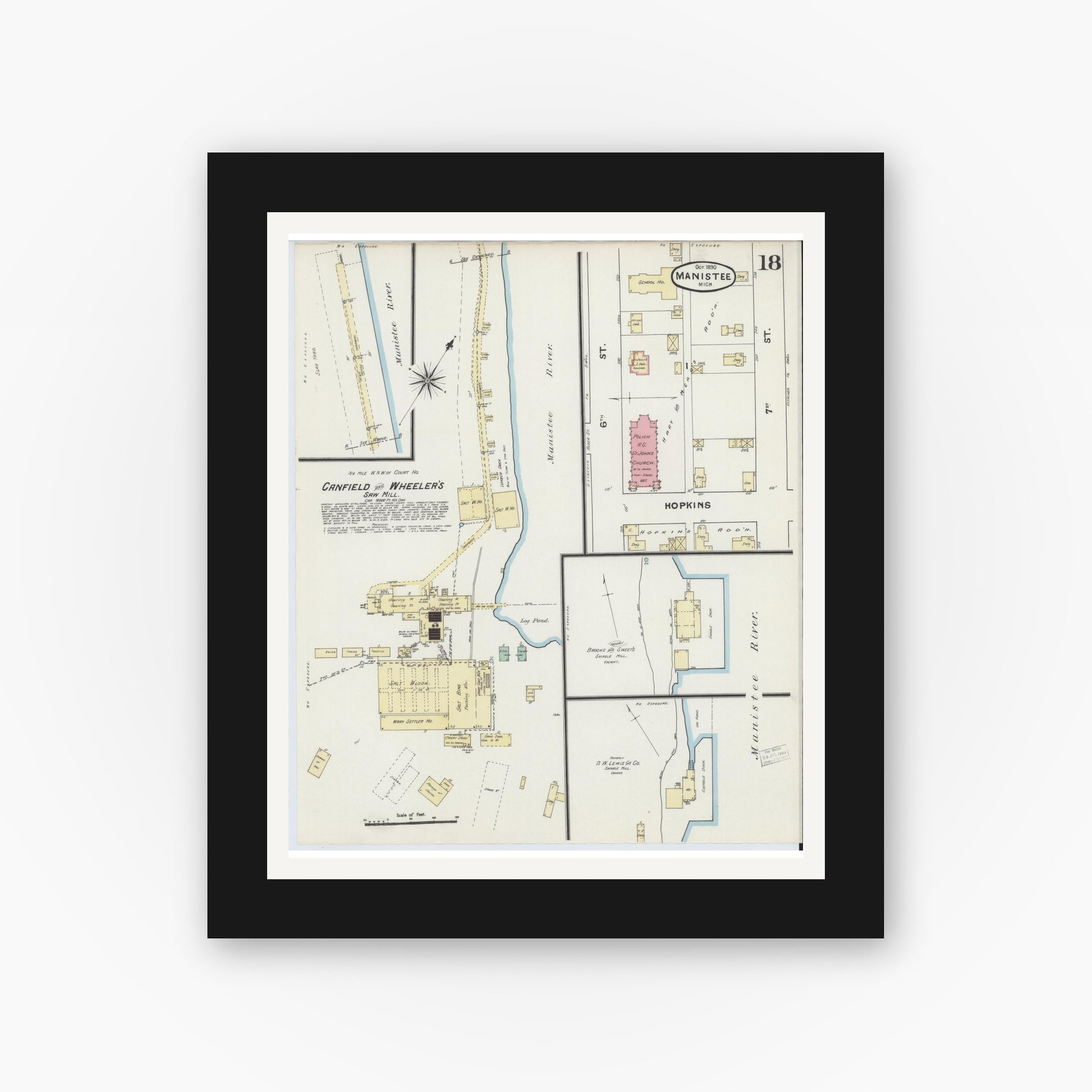 Old map wall art mockup — black gallery frame with white mat — Sanborn Fire Insurance Map from Manistee, Manistee County, Michigan (1890), Sheet #0018