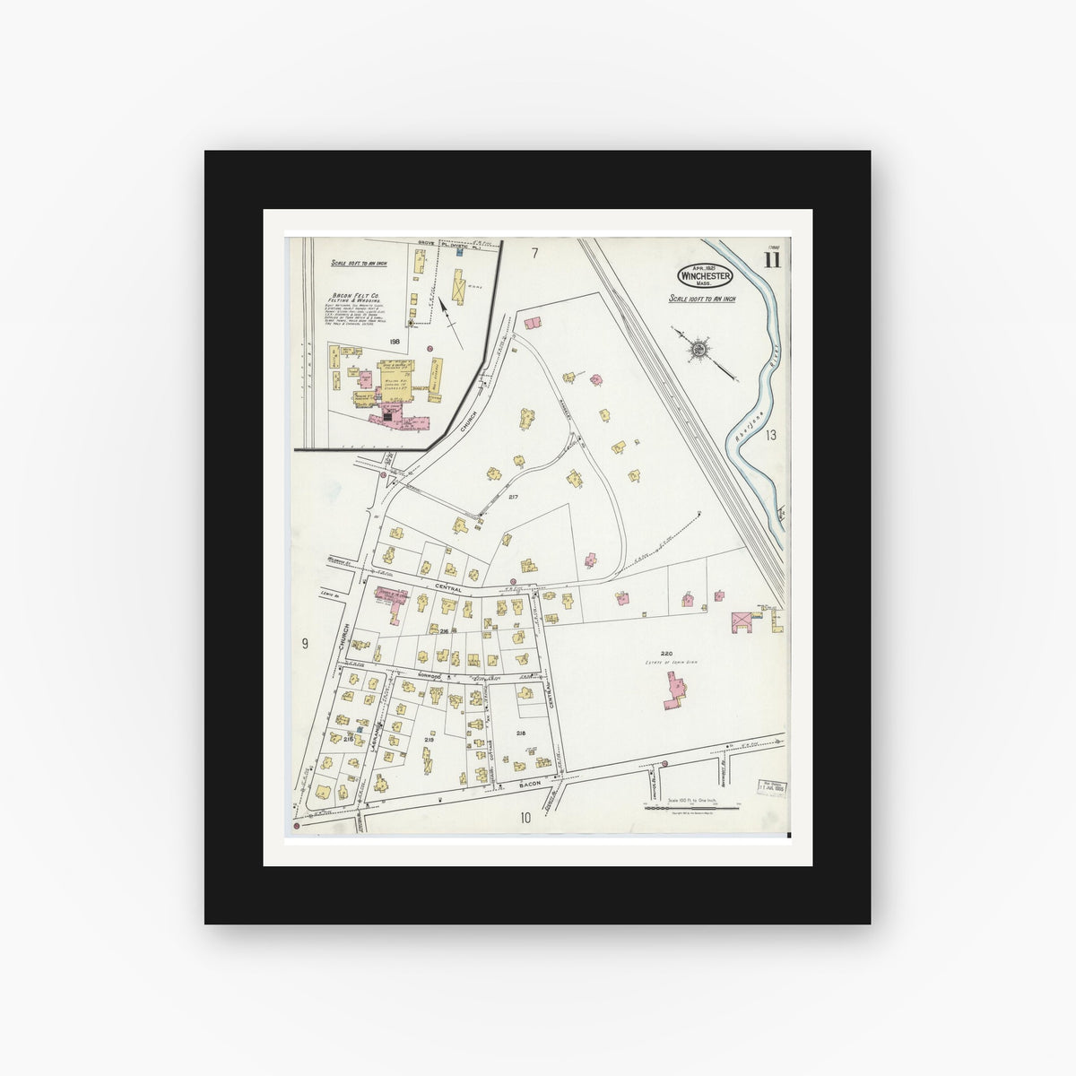 Old map wall art mockup — black gallery frame with white mat — Sanborn Fire Insurance Map from Winchester, Middlesex County, Massachusetts (1921), Sheet #0011