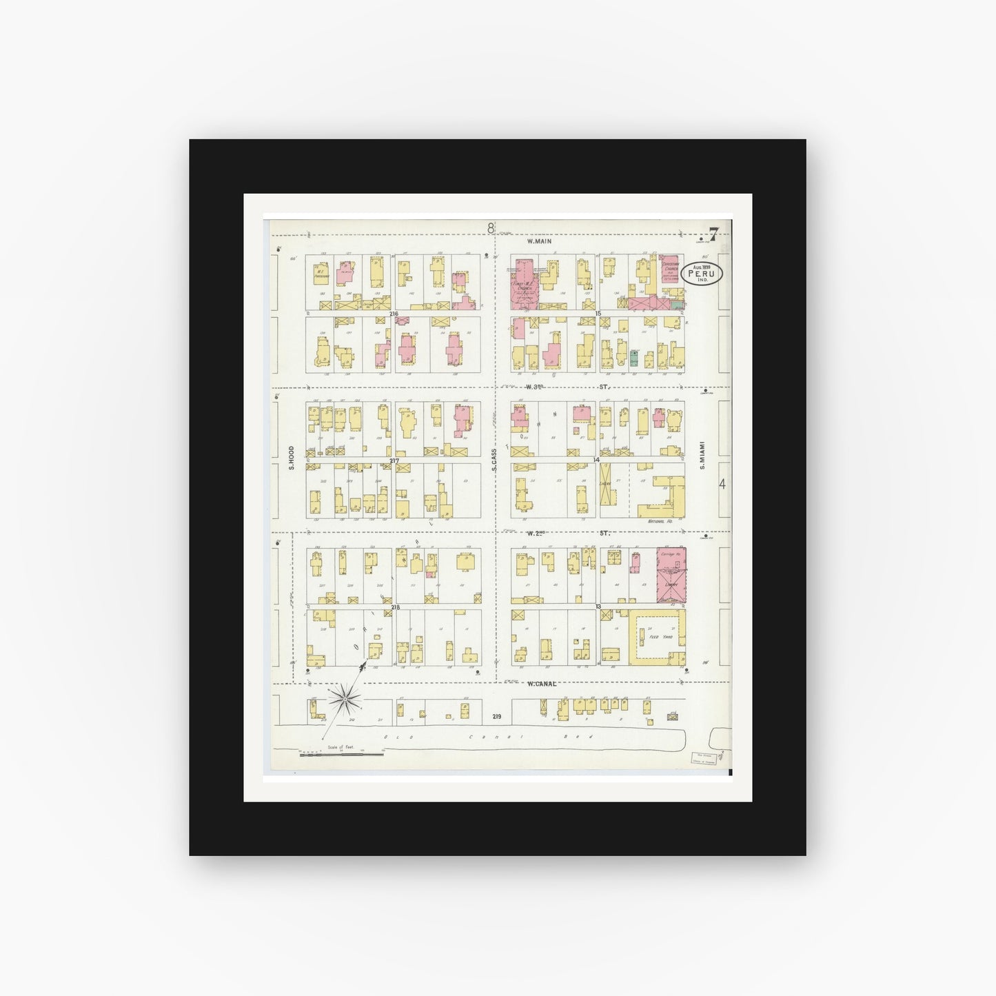Old map wall art mockup — black gallery frame with white mat — Sanborn Fire Insurance Map from Peru, Miami County, Indiana (1899), Sheet #0007