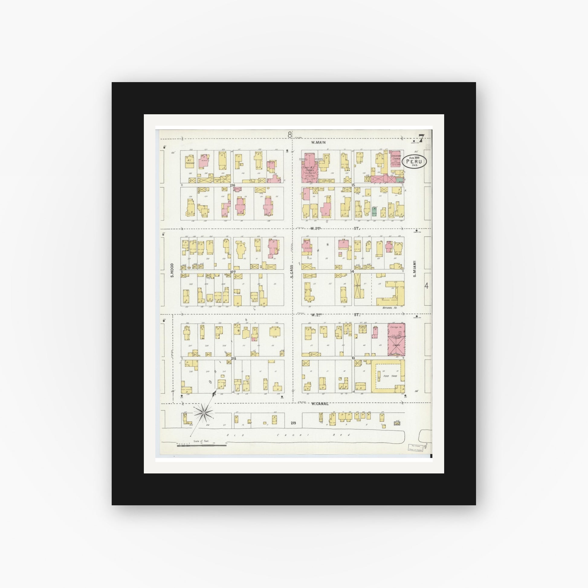 Old map wall art mockup — black gallery frame with white mat — Sanborn Fire Insurance Map from Peru, Miami County, Indiana (1899), Sheet #0007