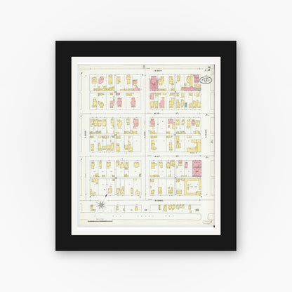 Old map wall art mockup — black gallery frame with white mat — Sanborn Fire Insurance Map from Peru, Miami County, Indiana (1899), Sheet #0007