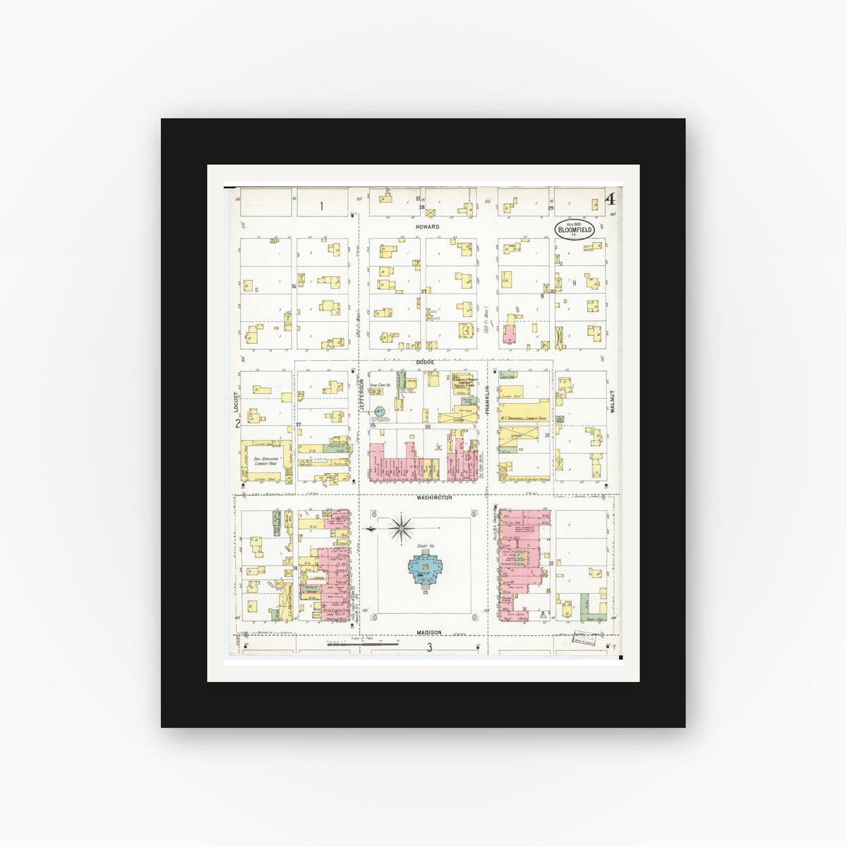 Old map wall art mockup — black gallery frame with white mat — Sanborn Fire Insurance Map from Bloomfield, Davis County, Iowa (1900), Sheet #0004