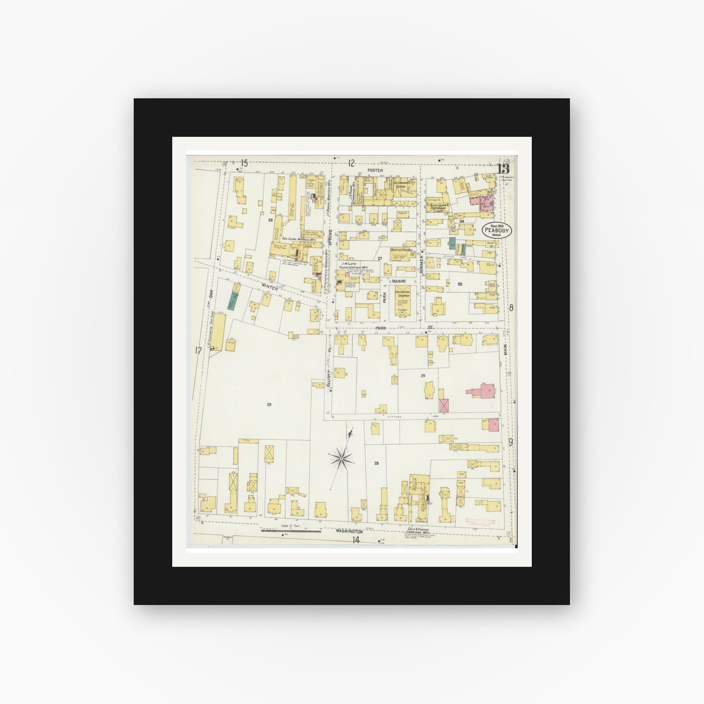 Old map wall art mockup — black gallery frame with white mat — Sanborn Fire Insurance Map from Peabody, Essex County, Massachusetts (1903), Sheet #0013