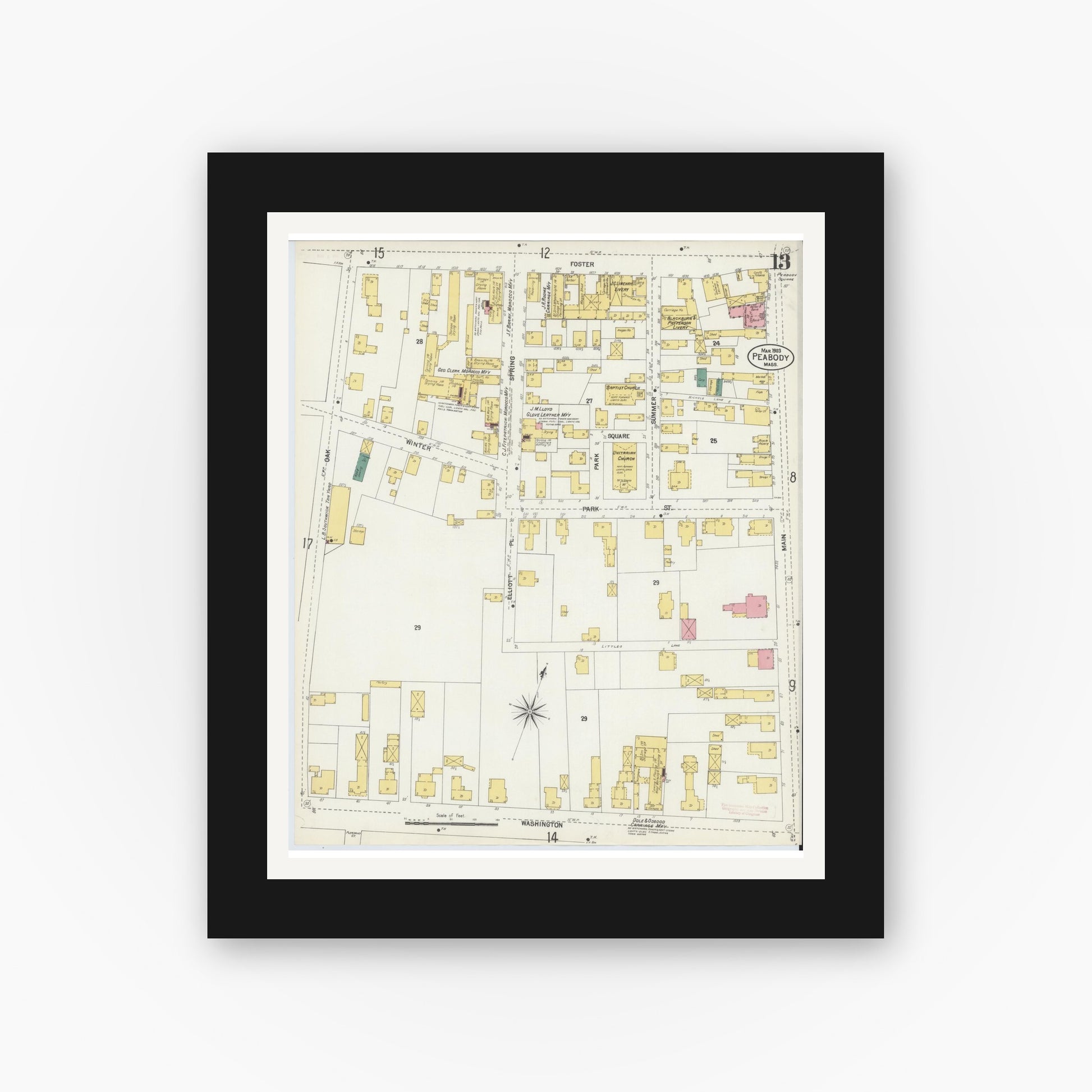 Old map wall art mockup — black gallery frame with white mat — Sanborn Fire Insurance Map from Peabody, Essex County, Massachusetts (1903), Sheet #0013
