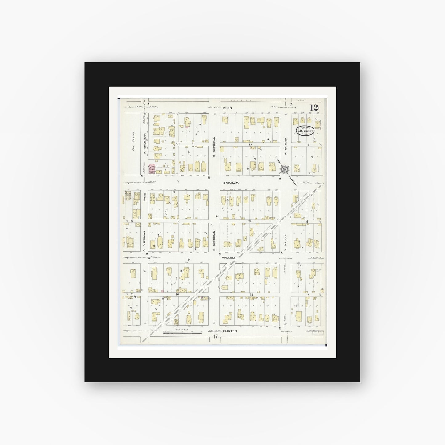 Old map wall art mockup — black gallery frame with white mat — Sanborn Fire Insurance Map from Lincoln, Logan County, Illinois (1914), Sheet #0012