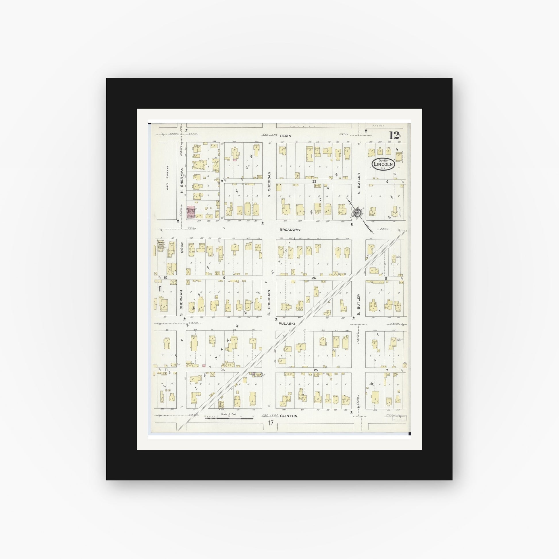 Old map wall art mockup — black gallery frame with white mat — Sanborn Fire Insurance Map from Lincoln, Logan County, Illinois (1914), Sheet #0012
