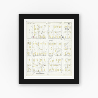 Old map wall art mockup — black gallery frame with white mat — Sanborn Fire Insurance Map from Lincoln, Logan County, Illinois (1914), Sheet #0012