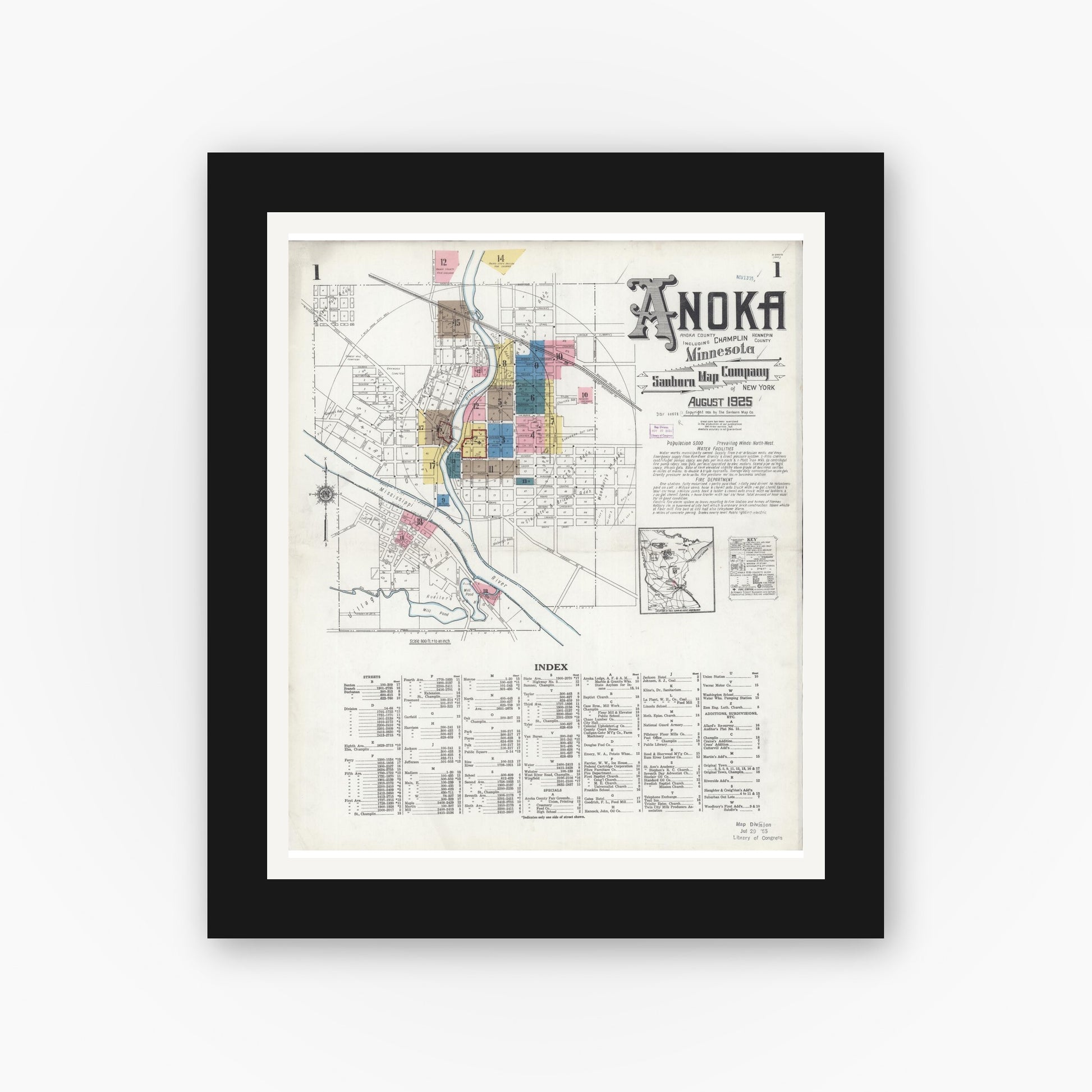 Old map wall art mockup — black gallery frame with white mat — Sanborn Fire Insurance Map from Anoka, Anoka County, Minnesota (1925) - Complete Map Set