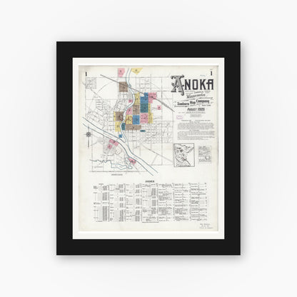 Old map wall art mockup — black gallery frame with white mat — Sanborn Fire Insurance Map from Anoka, Anoka County, Minnesota (1925) - Complete Map Set