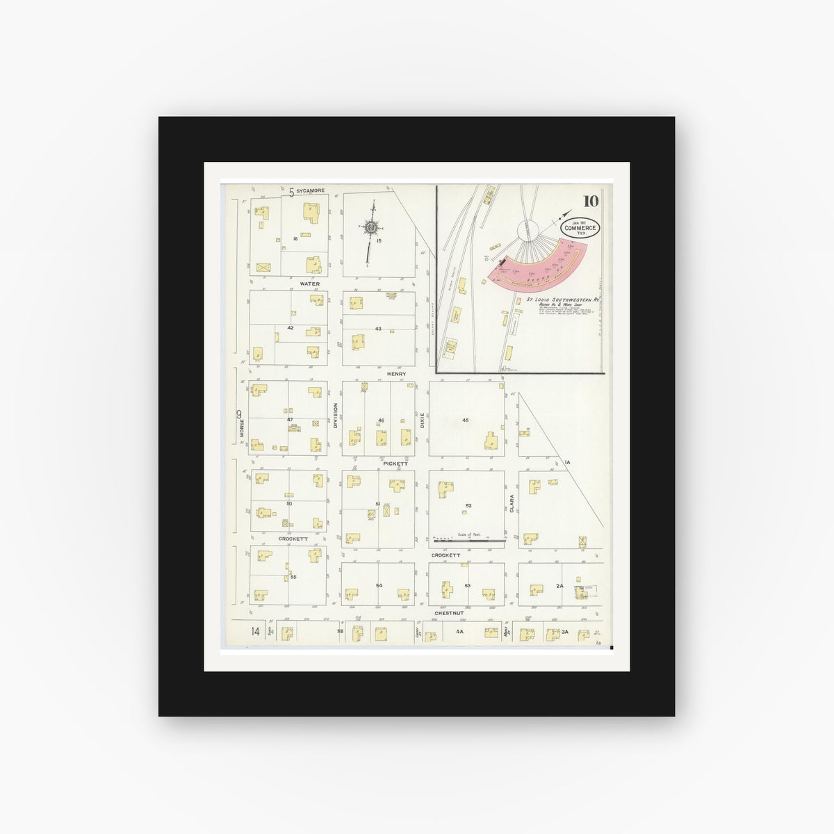 Old map wall art mockup — black gallery frame with white mat — Sanborn Fire Insurance Map from Commerce, Hunt County, Texas (1911), Sheet #0010