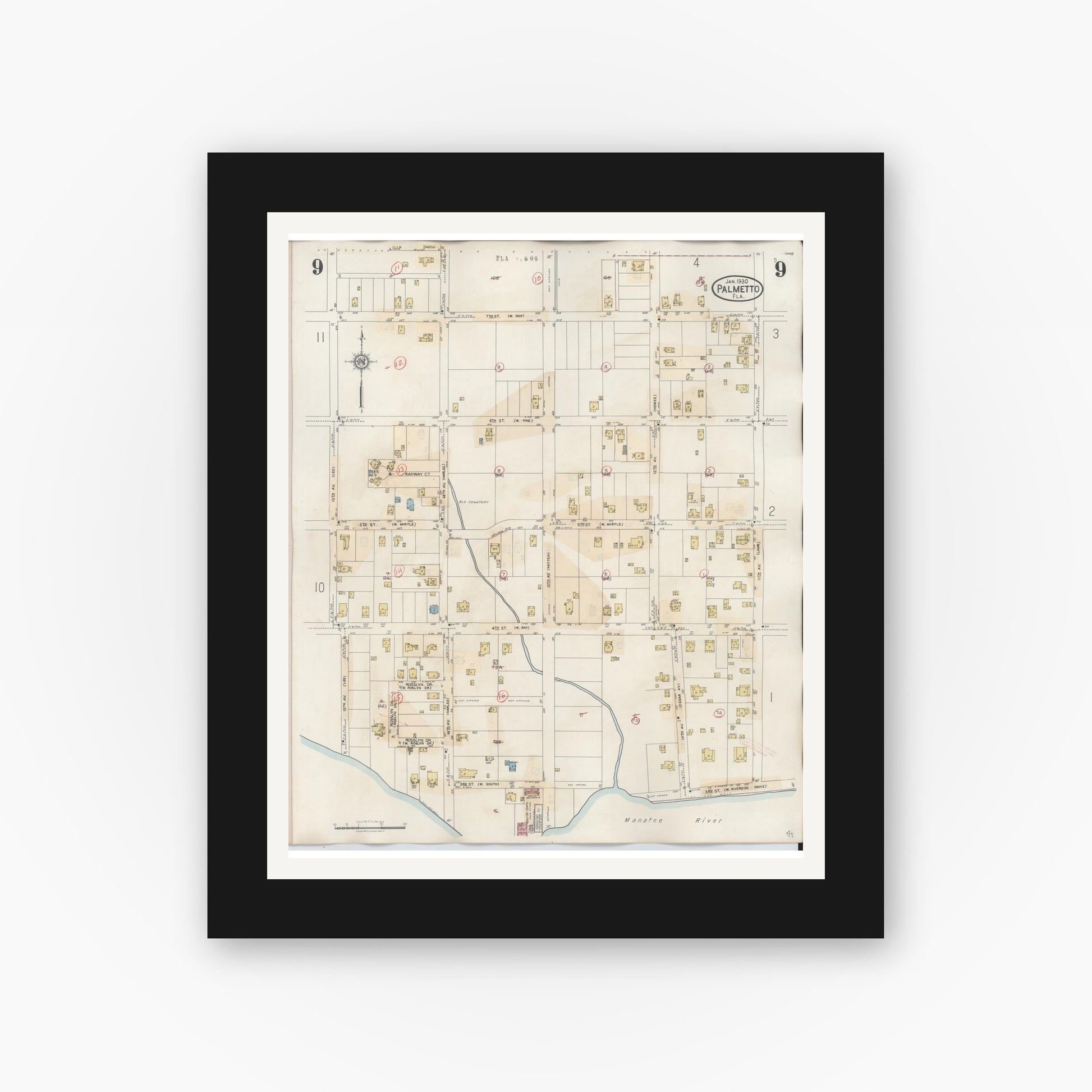 Old map wall art mockup — black gallery frame with white mat — Sanborn Fire Insurance Map from Palmetto, Manatee County, Florida (1944), Sheet #0009