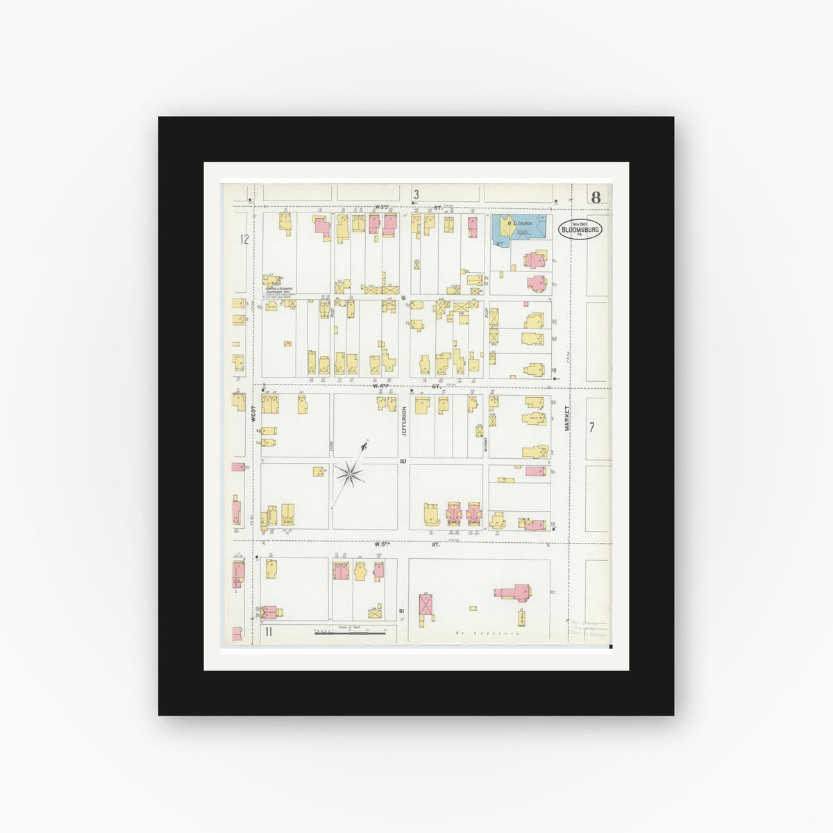 Old map wall art mockup — black gallery frame with white mat — Sanborn Fire Insurance Map from Bloomsburg, Columbia County, Pennsylvania (1901), Sheet #0008