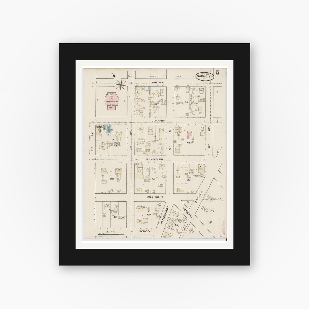 Old map wall art mockup — black gallery frame with white mat — Sanborn Fire Insurance Map from Napa, Napa County, California (1886), Sheet #0005