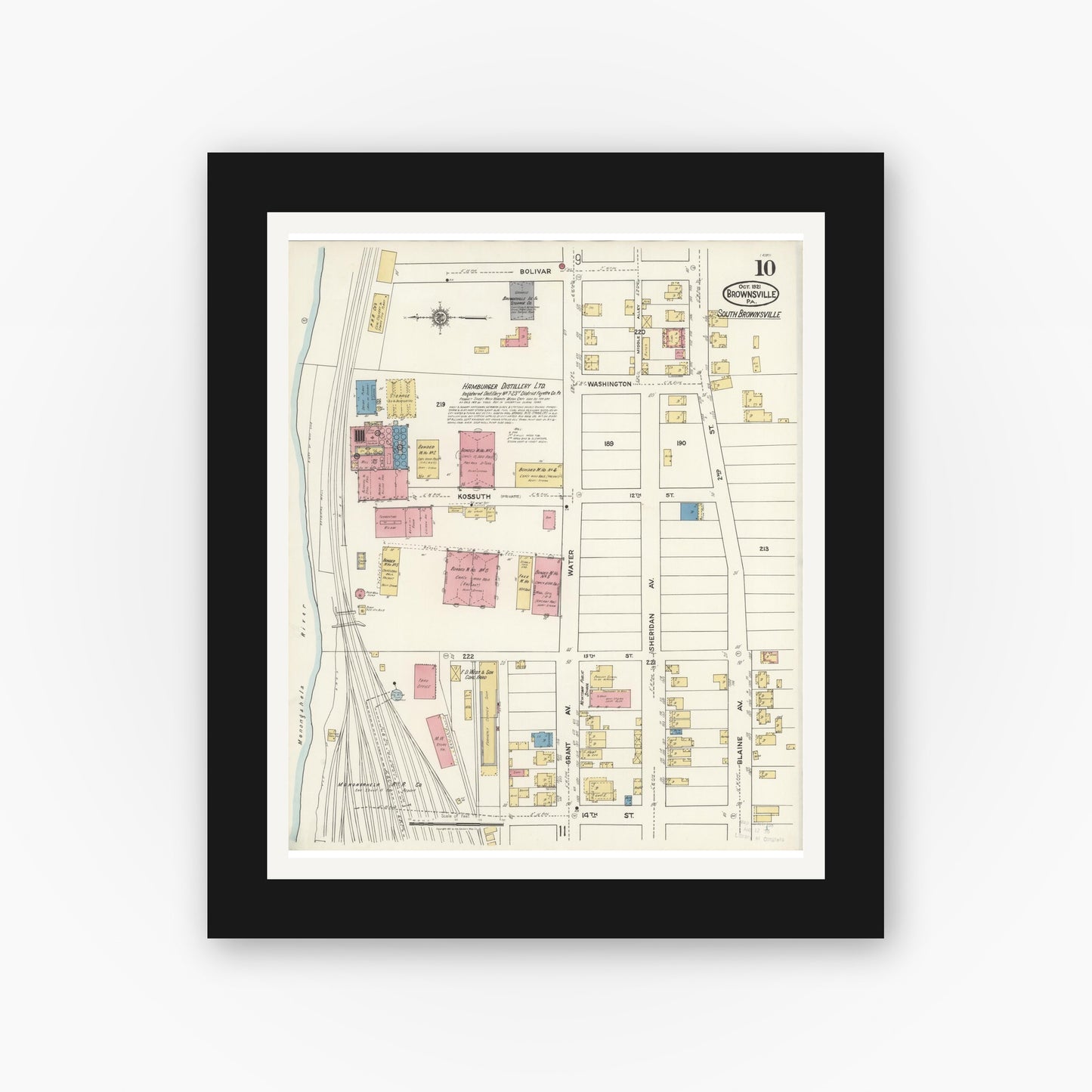 Old map wall art mockup — black gallery frame with white mat — Sanborn Fire Insurance Map from Brownsville, Fayette County, Pennsylvania (1921), Sheet #0010