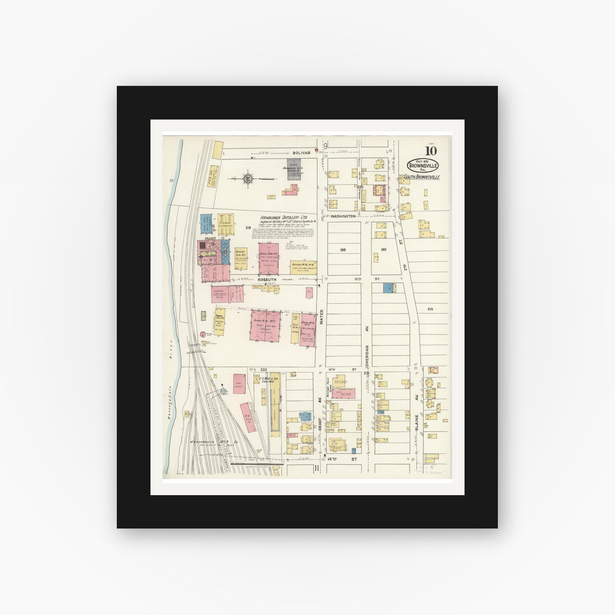 Old map wall art mockup — black gallery frame with white mat — Sanborn Fire Insurance Map from Brownsville, Fayette County, Pennsylvania (1921), Sheet #0010