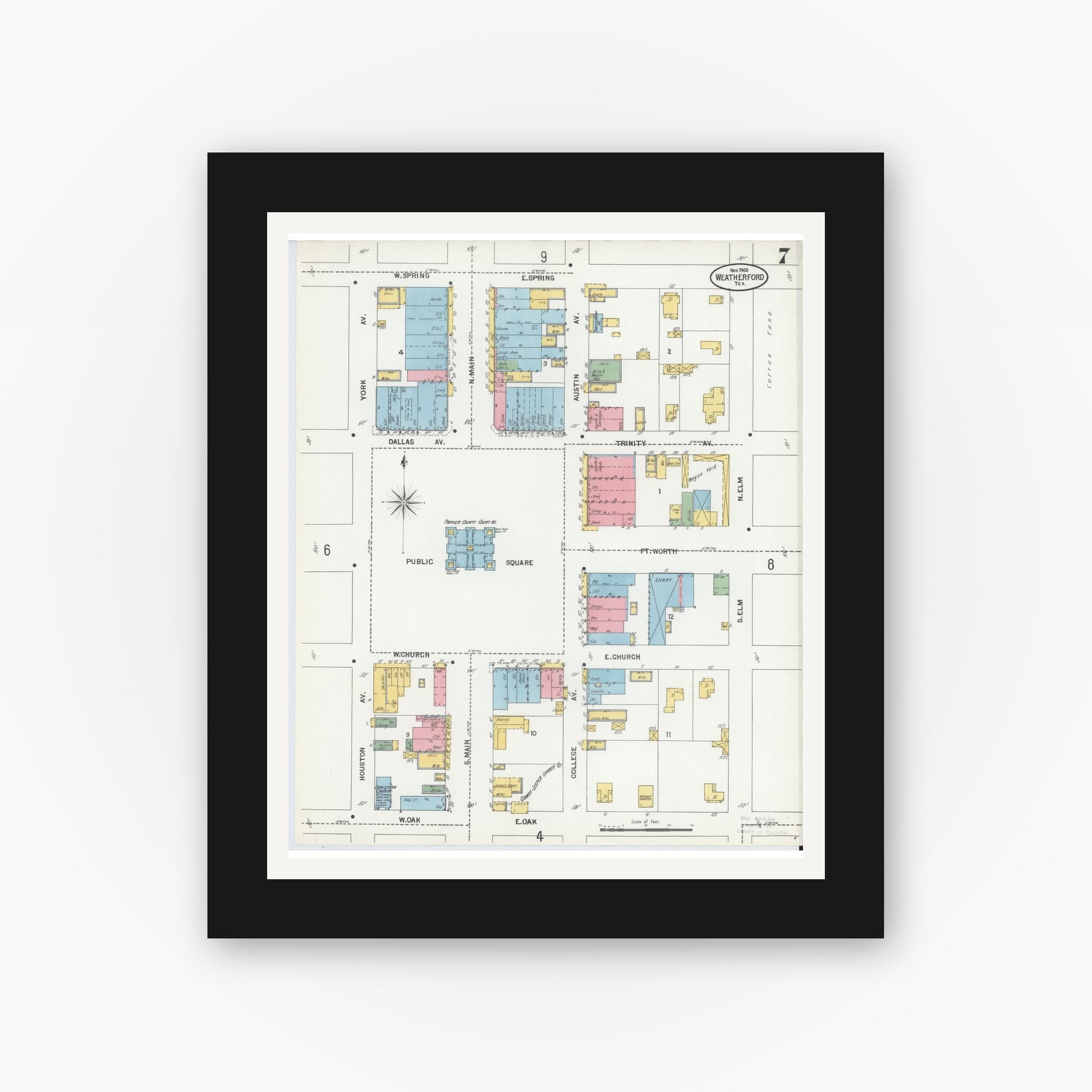 Old map wall art mockup — black gallery frame with white mat — Sanborn Fire Insurance Map from Weatherford, Parker County, Texas (1900), Sheet #0007